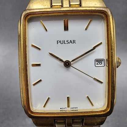 Pulsar Tank Watch Men 27mm White Dial Gold Tone Date Rectangle VX32X154 New Bat1