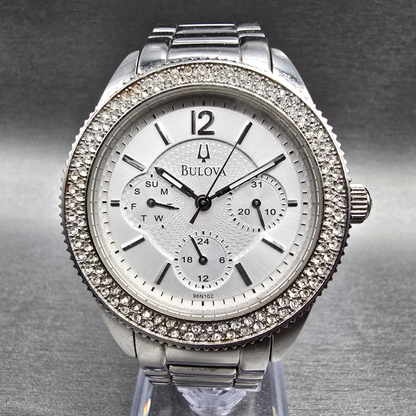 Bulova Watch Women 38mm Silver Dial Silver Tone Daydate Crystals 96N102 New Batt0