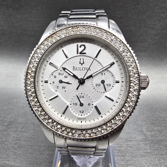 Bulova Watch Women 38mm Silver Dial Silver Tone Daydate Crystals 96N102 New Batt0