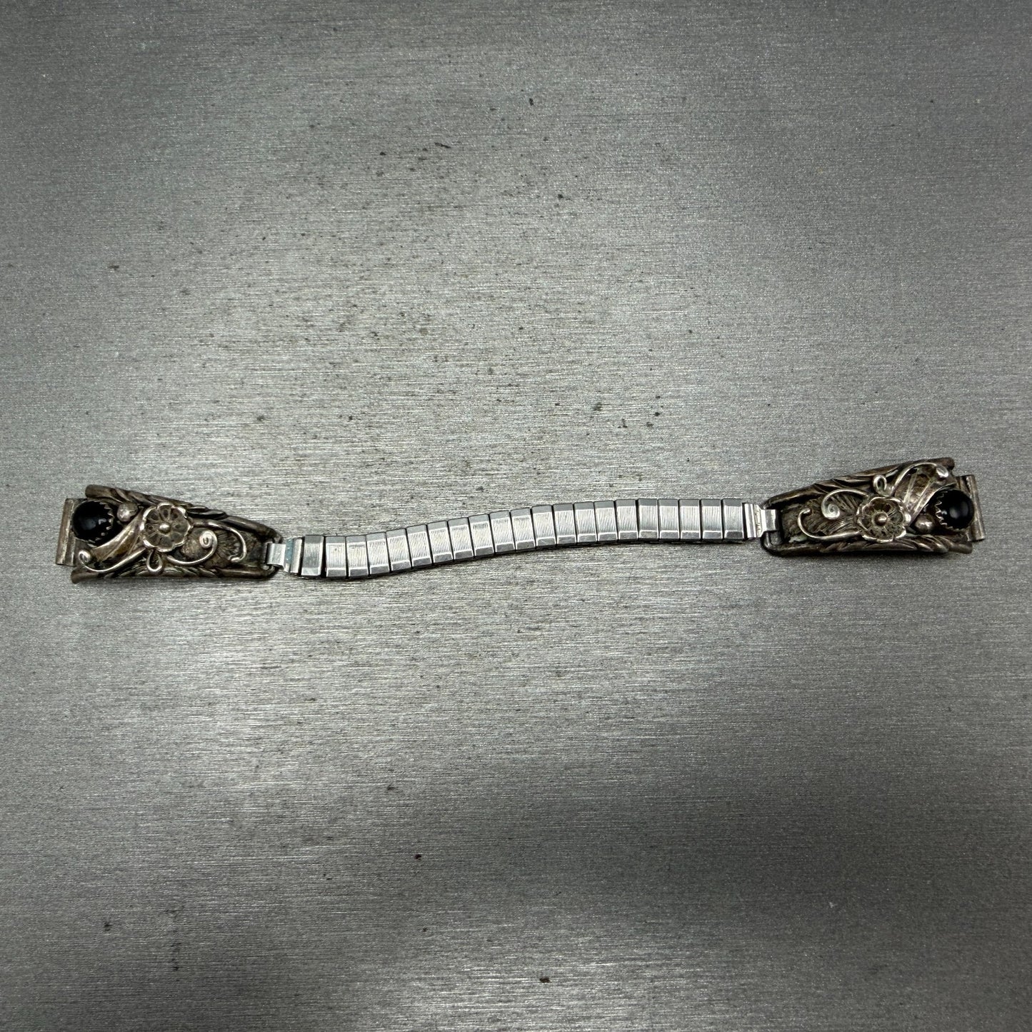 Navjo Sterling Silver Watch Band Tips Black Stones Inserts 10mm Vintage Ladies0