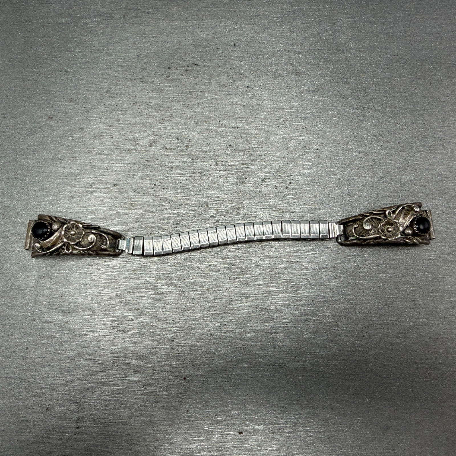 Navjo Sterling Silver Watch Band Tips Black Stones Inserts 10mm Vintage Ladies0