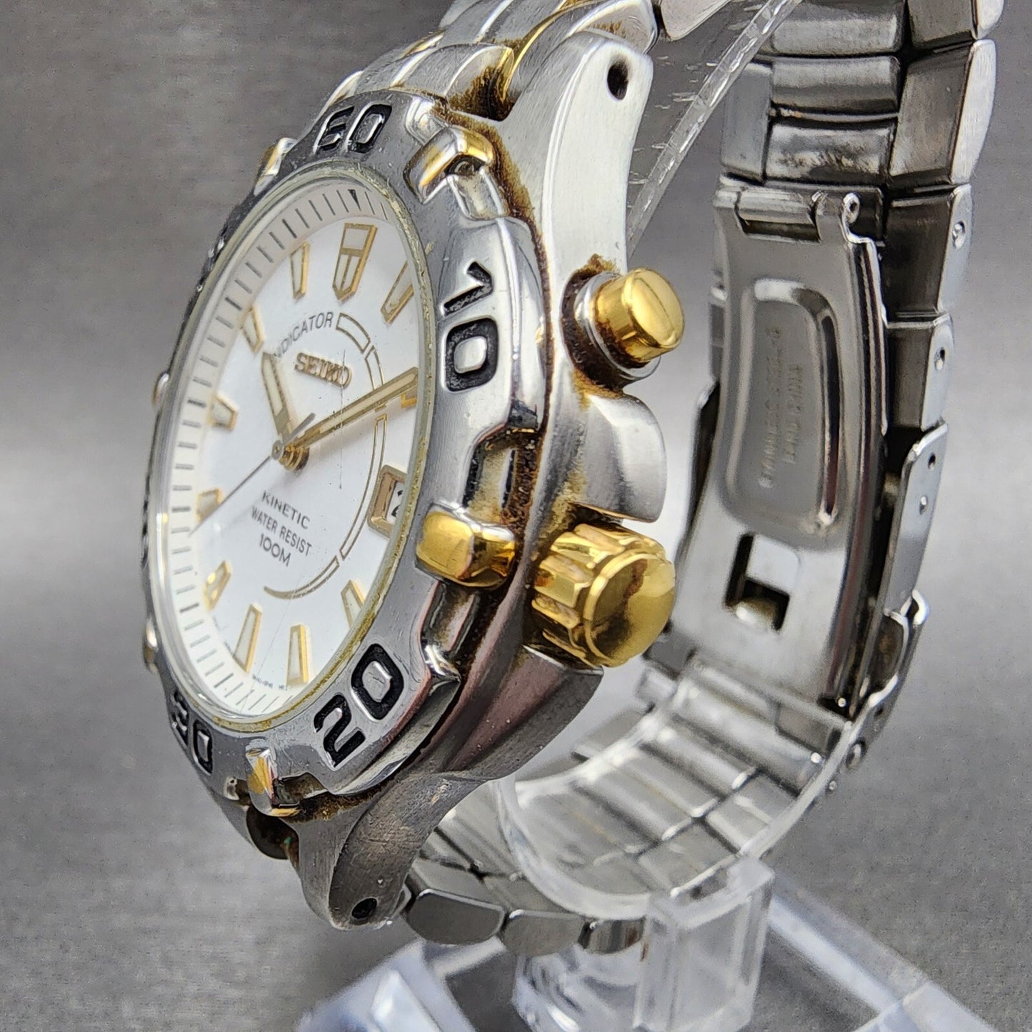 Seiko Kinetic Watch men 38mm White Dial Two Tone Date Round 5M420M09 PARTS3
