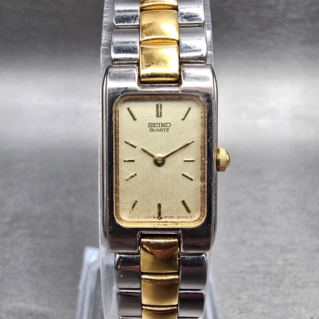 Seiko Watch Women 14mm Champagne Dial Two Tone Rectangle 1F20-5D30 New Battery0