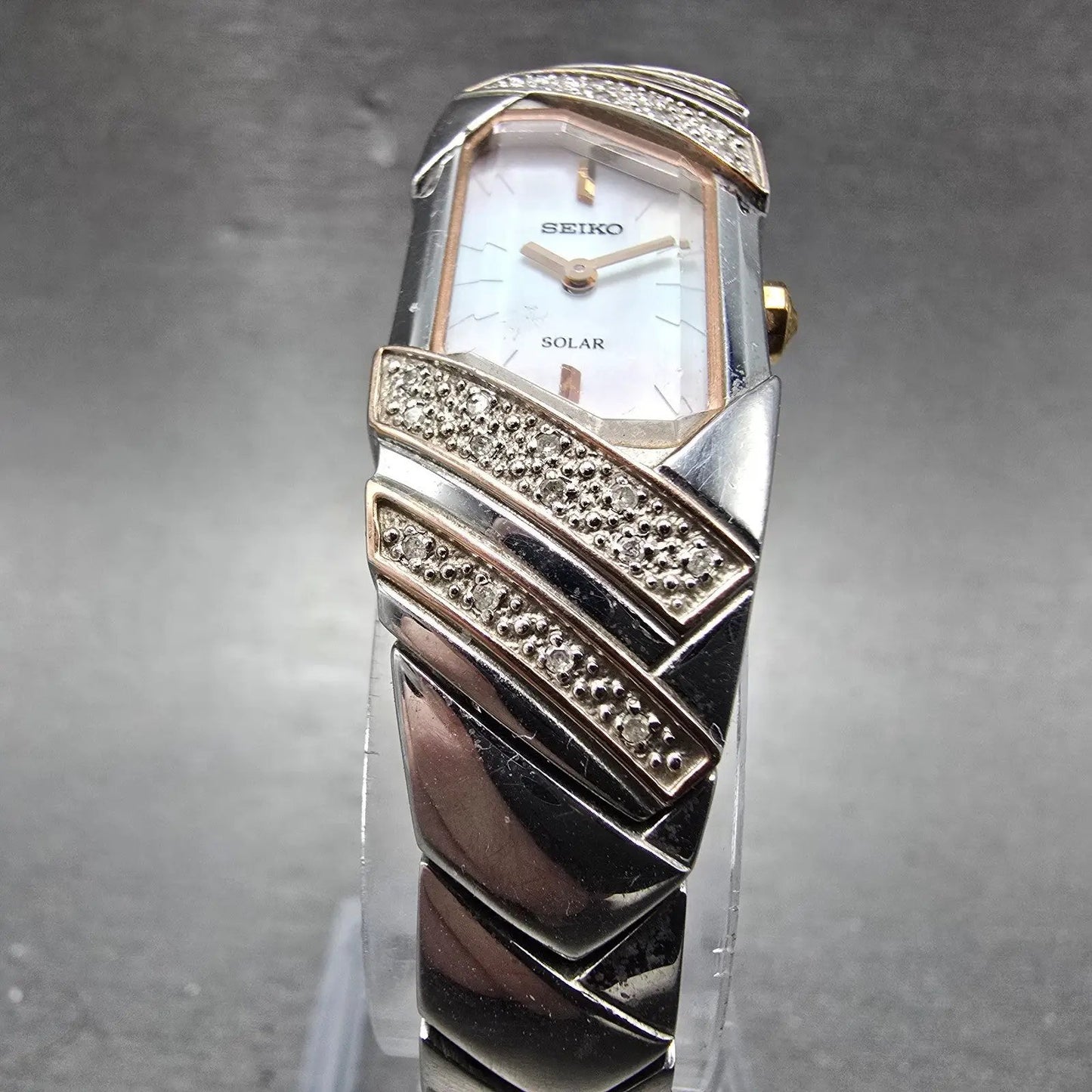 Seiko Solar Tank Watch Women 15mm MOP Dial Two Tone Rectangle V116-0AJ0 Runs4