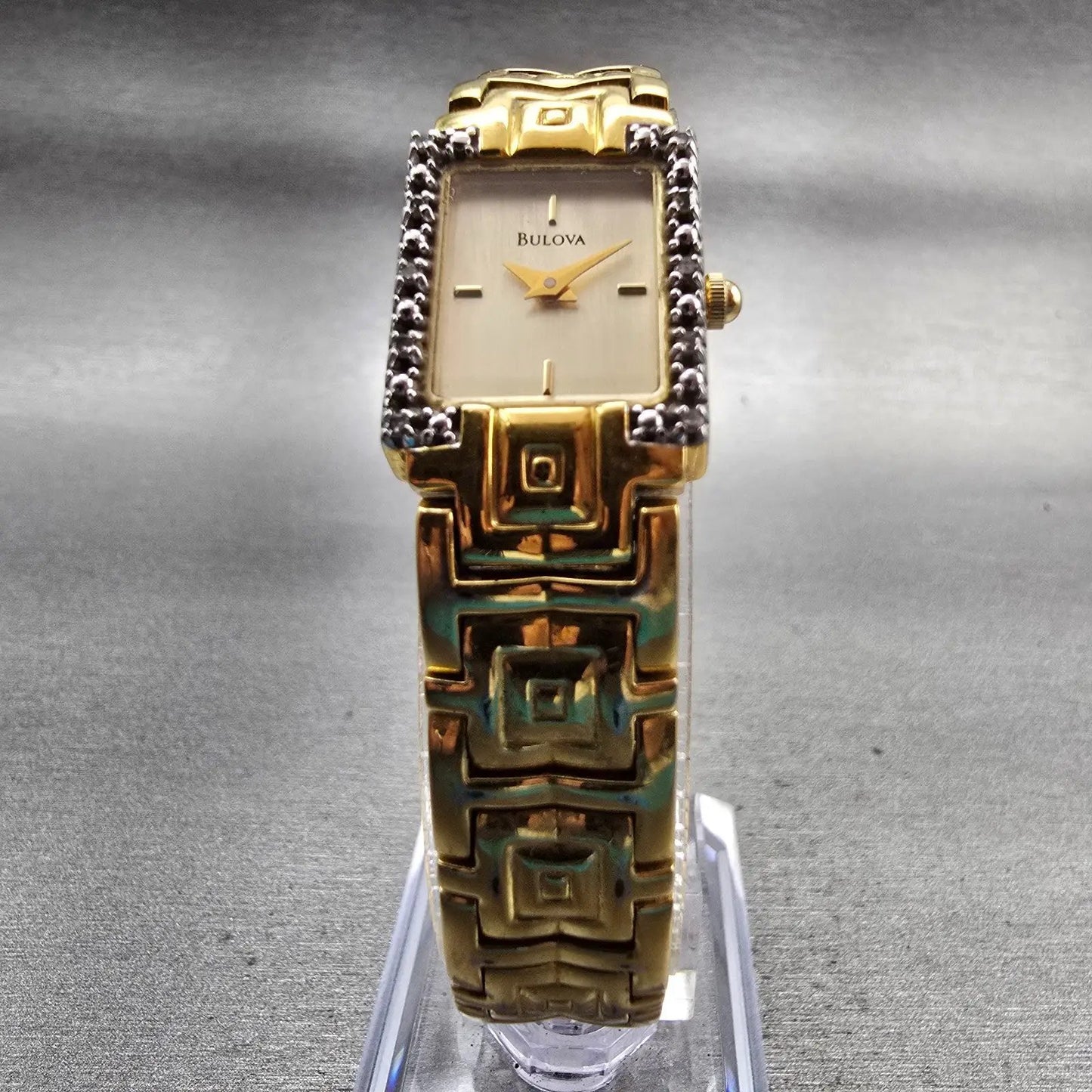 Bulova Watch Women 16mm Gold Dial Gold Tone Rectangle 98R52 New Battery Diamonds5