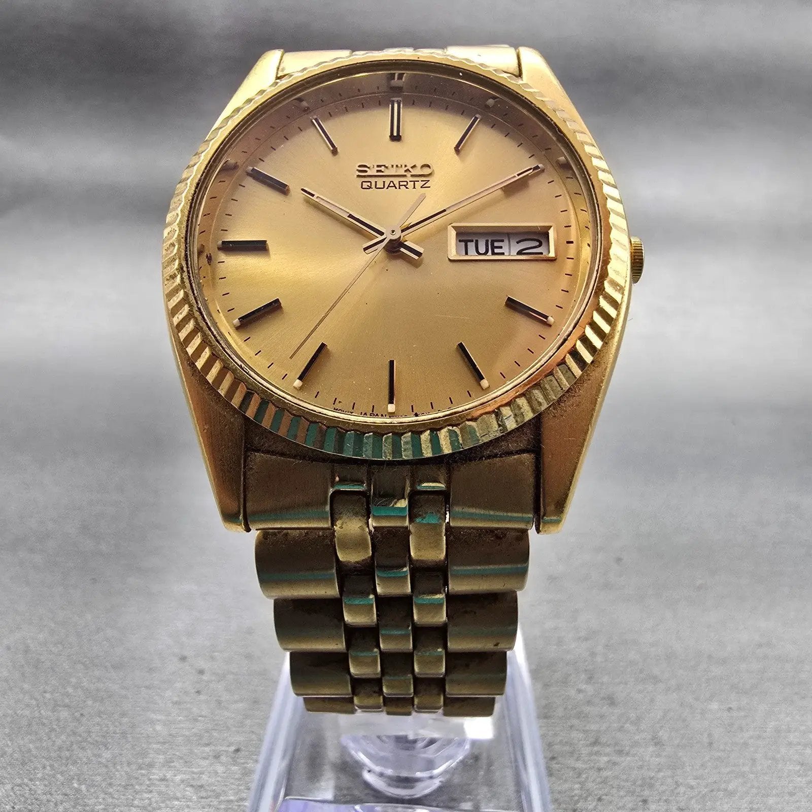 Seiko President Watch Men 37mm Gold Dial Gold Tone Daydate 7N43-8111 New Battery5