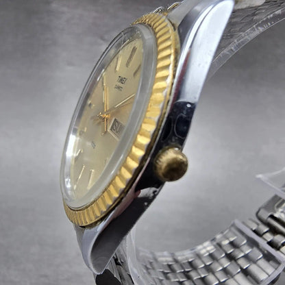 Timex President Watch Men 34mm Chamagne Dial Two Tone Daydate Round New Battery2