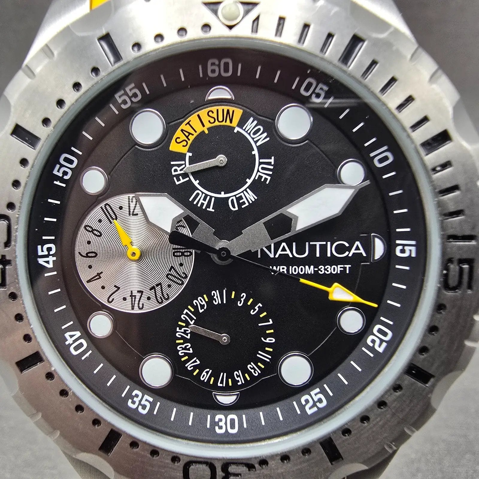 Nautica Dive Watch Men 48mm Black Dial Steel Daydate Round NAS15107G New battery1