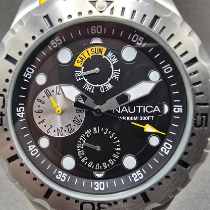 Nautica Dive Watch Men 48mm Black Dial Steel Daydate Round NAS15107G New battery1