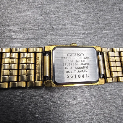 Seiko Watch Women 16mm Gold Dial Gold Tone Rectangle 1N01-5A69 New Battery VTG10