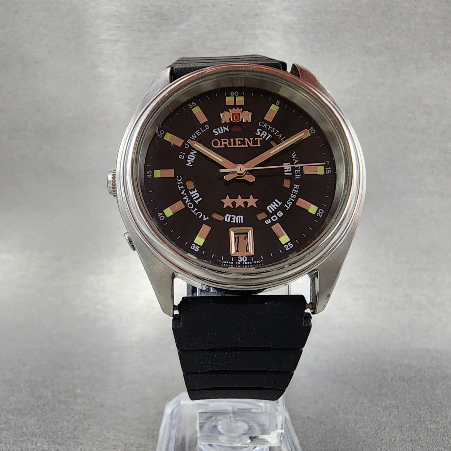 Orient Tri Star Watch Men 37mm Black Dial Steel Daydate Auto EM04D1 PARTS6