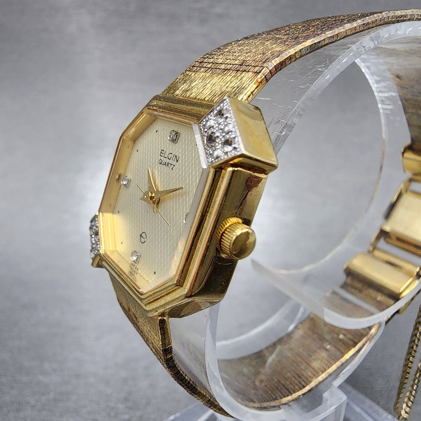 Elgin Watch Women 21mm Champagne Dial Gold Tone Octagon Diamond bezel New Batt2