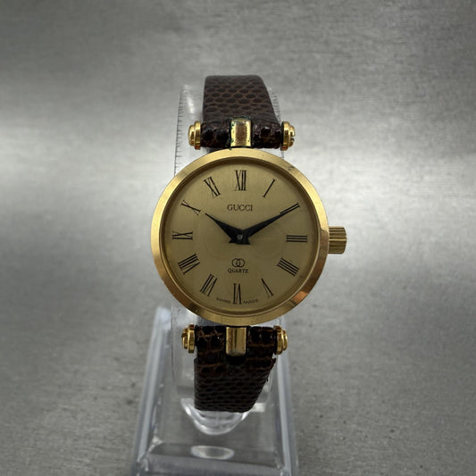 Gucci 2000L Watch Women 21mm Champagne Dial Gold Plated Round New Battery ABC0