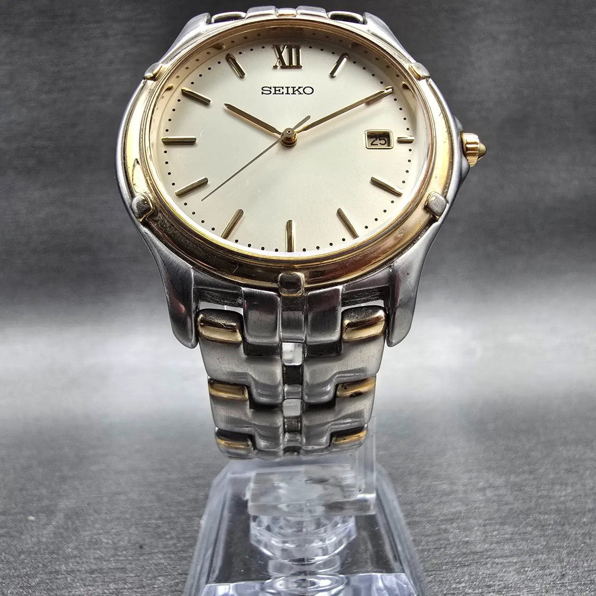 Seiko Watch Men 35mm Champagne Dial Two Tone Date Round 7N32-0100 New Battery5