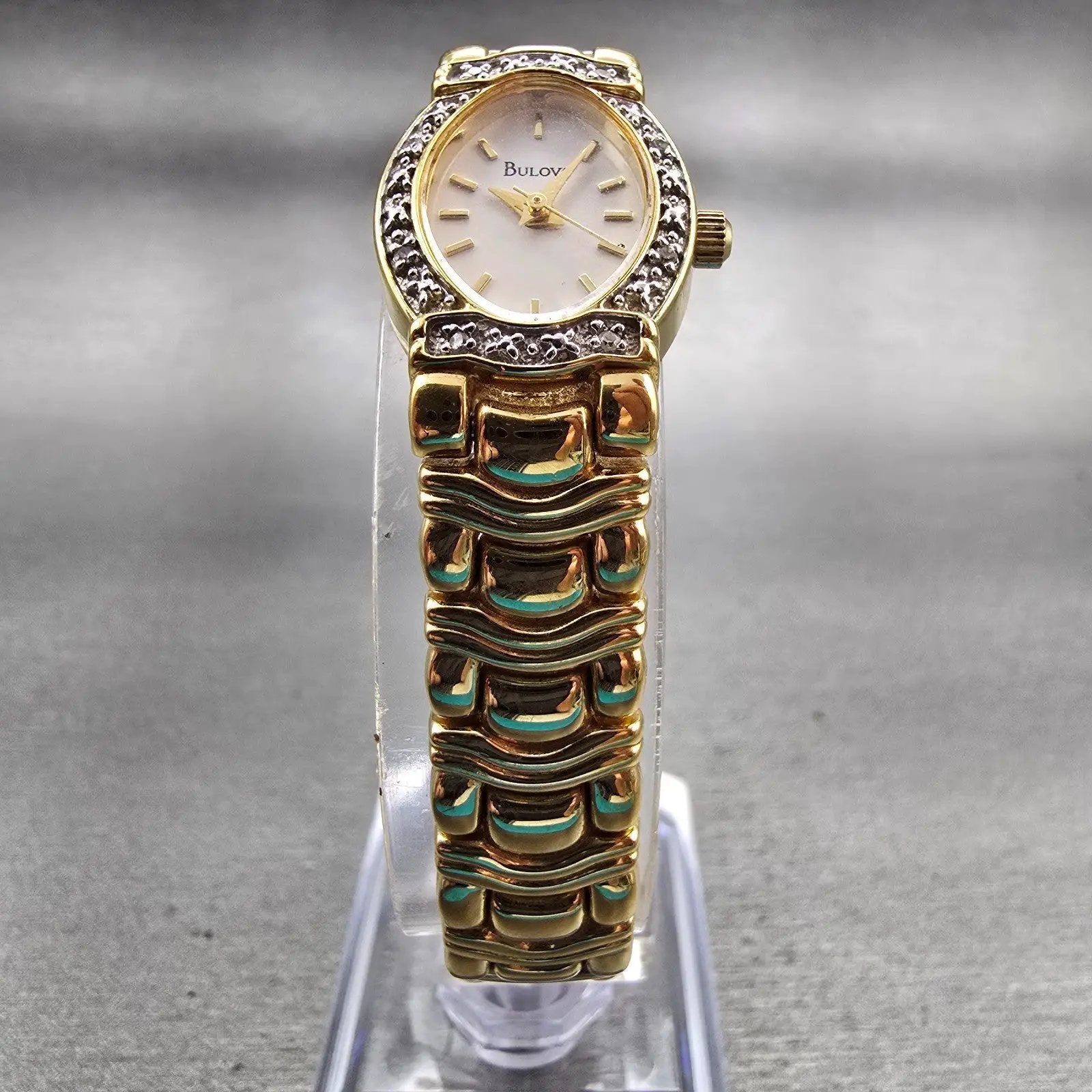 Bulova Watch Women 16mm Ivory Dial Gold Tone Gemmed Oval 98R37 New Battery5