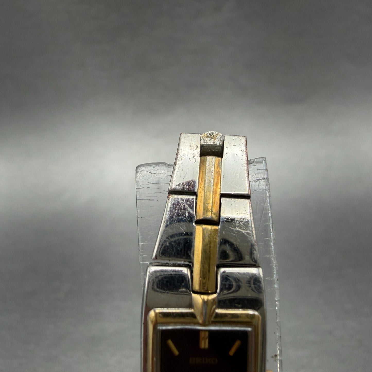 Seiko Tank Watch Women 13mm Black Dial Two Tone Rectangle 2E20-0AY0 New Batt BTQ4