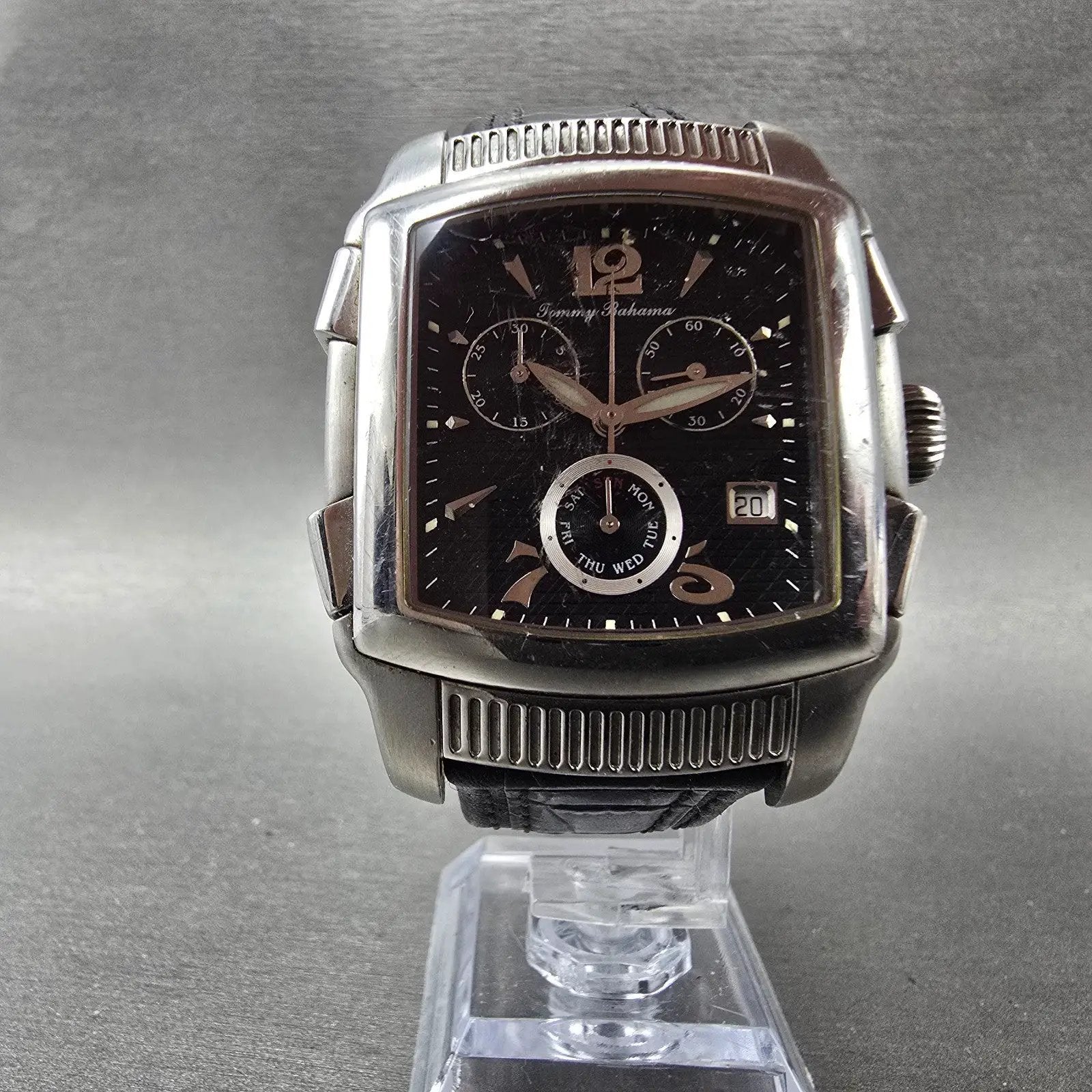 Tommy Bahama Chronograph Watch Men 38mm Black Dial Steel Daydate TB1045 NewBat F5
