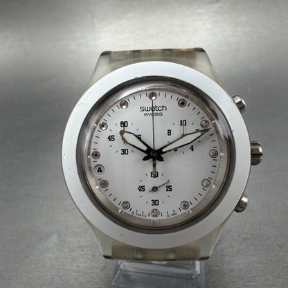 Swatch Irony Diaphane Full-Blooded Chrono Watch Men 43mm White Dial Clear NewBat0