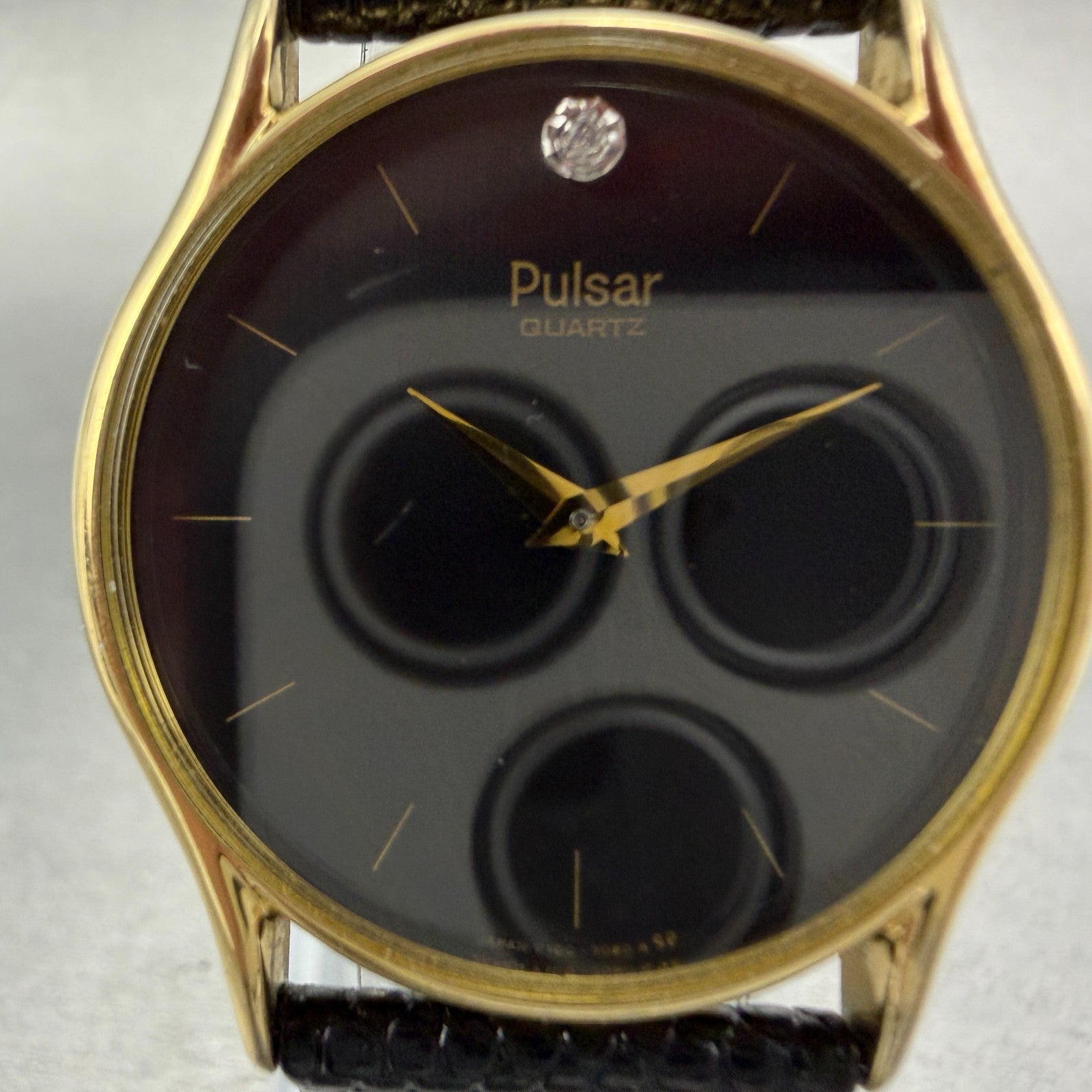Seiko Pulsar Watch Men 31mm Black Dial Gold Tone Round Y100-7079 New Battery1