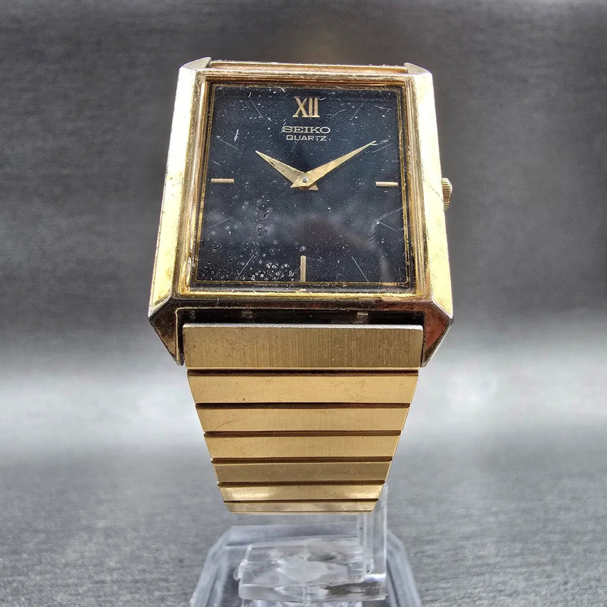 Seiko Tank Watch Men 26mm Black Dial Gold Tone Rectangle 7430-5260 New Battery5