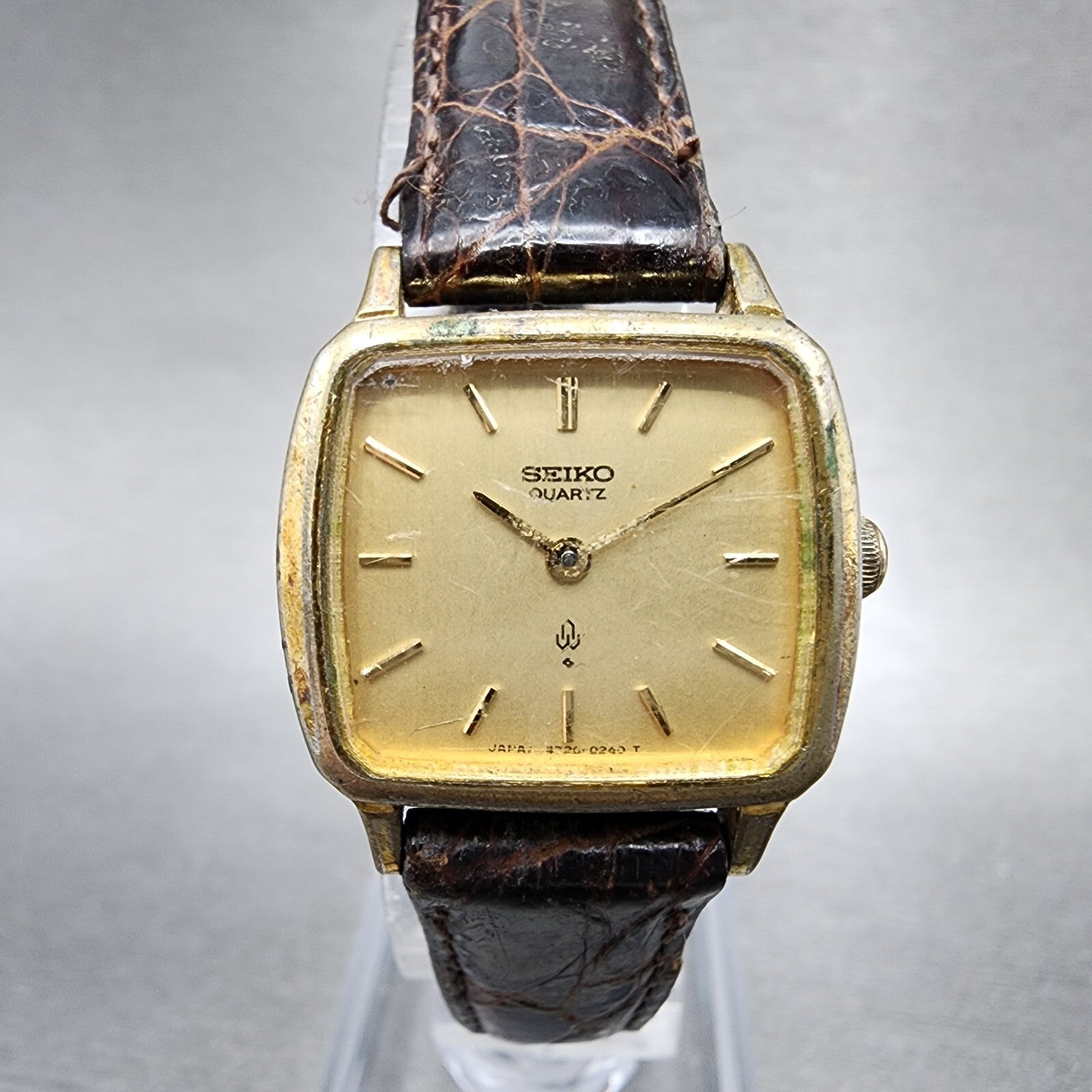 VTG Seiko Watch Women 23mm Gold Dial Gold Tone Rectangle 47205020 New Battery0