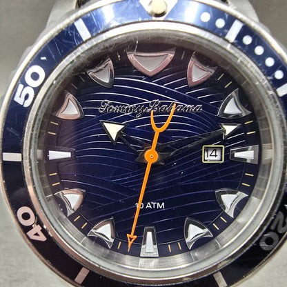 Tommy Bahama Dive Watch Men 43mm Blue Dial Steel Date Round TB00101-01 New Batt1