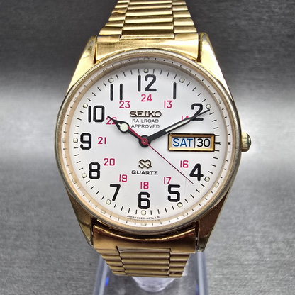 Seiko SQ Railroad Approved Watch Men 34mm White Dial Daydate 8223-8049 New BattK0