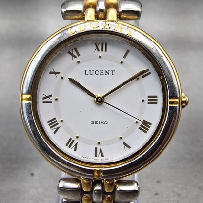 Seiko Lucent Watch Men 30mm White Dial Two Tone Round 7N01-6C60 New Battery VTG1
