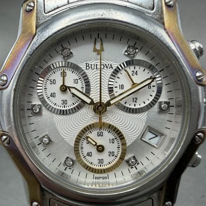 Bulova Chronograph Watch Women 32mm White Dial Two Tone Date 98P120 New Battery1