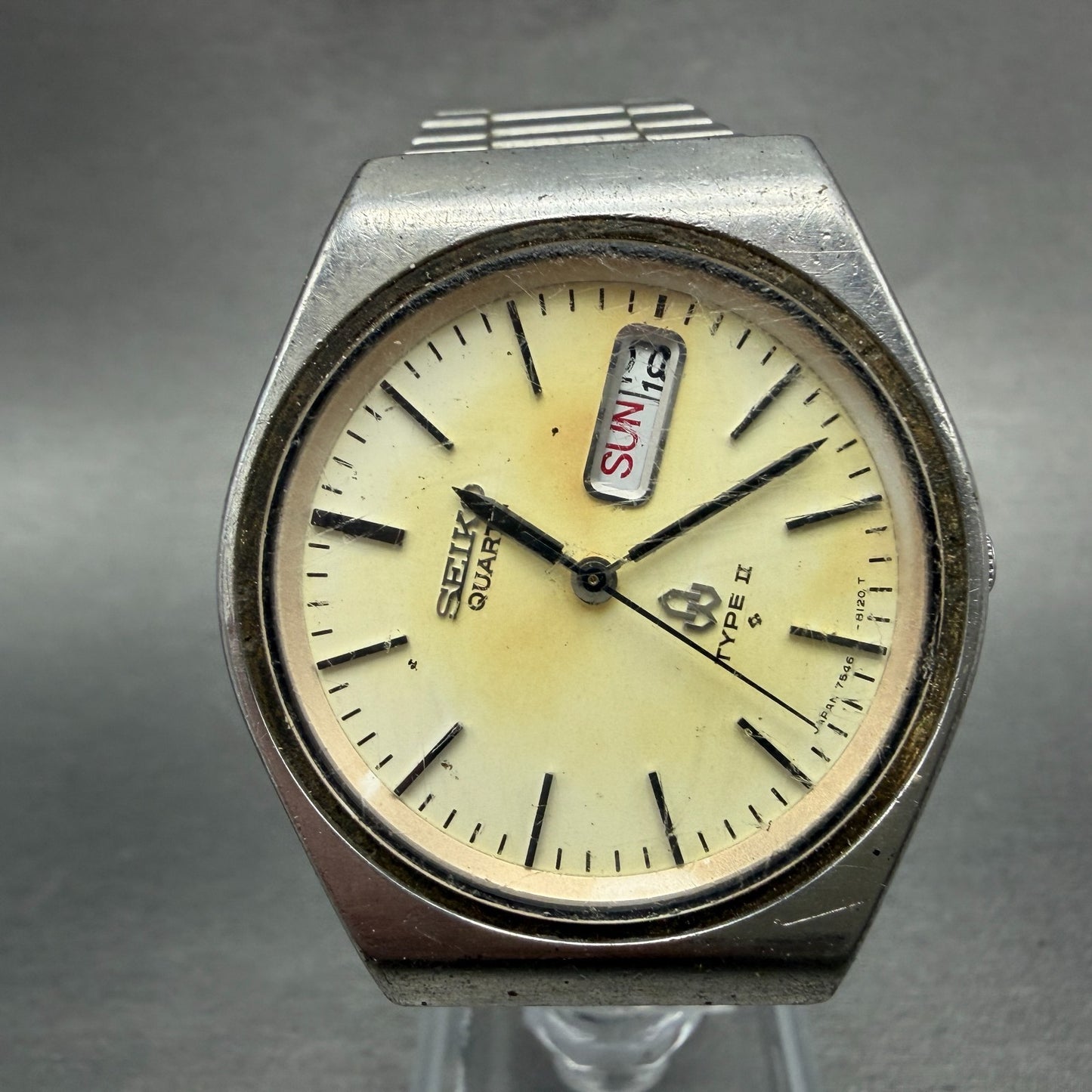 Seiko Type II Watch Men 36mm White Dial Steel READ!!! Daydate 7546-810A New Batt0