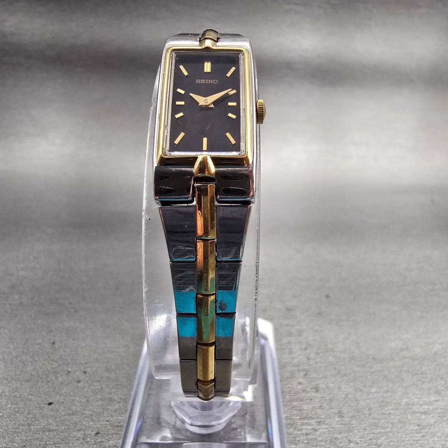 Seiko Watch Women 13mm Black Dial Two Tone Rectangle 2E20-7479 New Battery VTG5