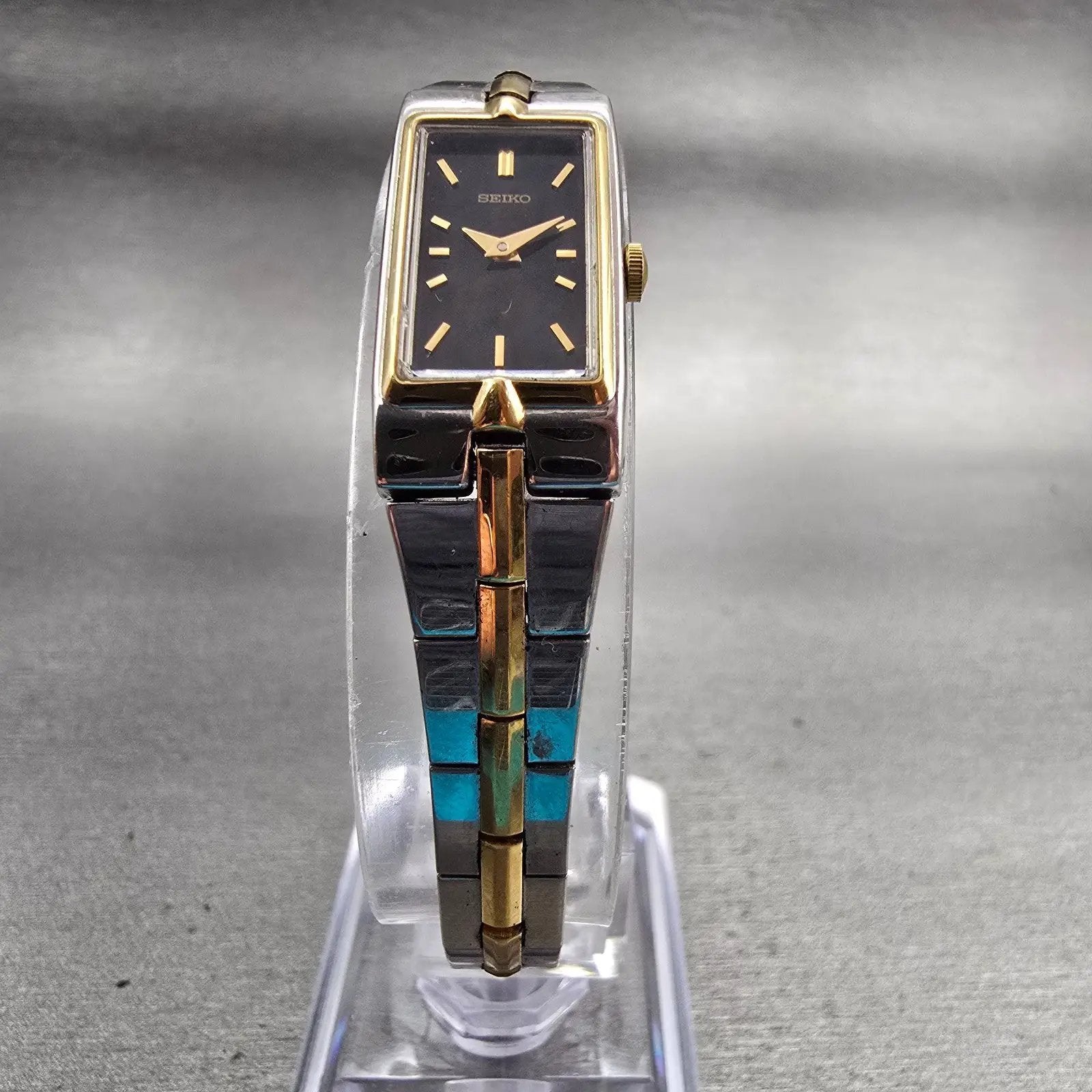 Seiko Watch Women 13mm Black Dial Two Tone Rectangle 2E20-7479 New Battery VTG5