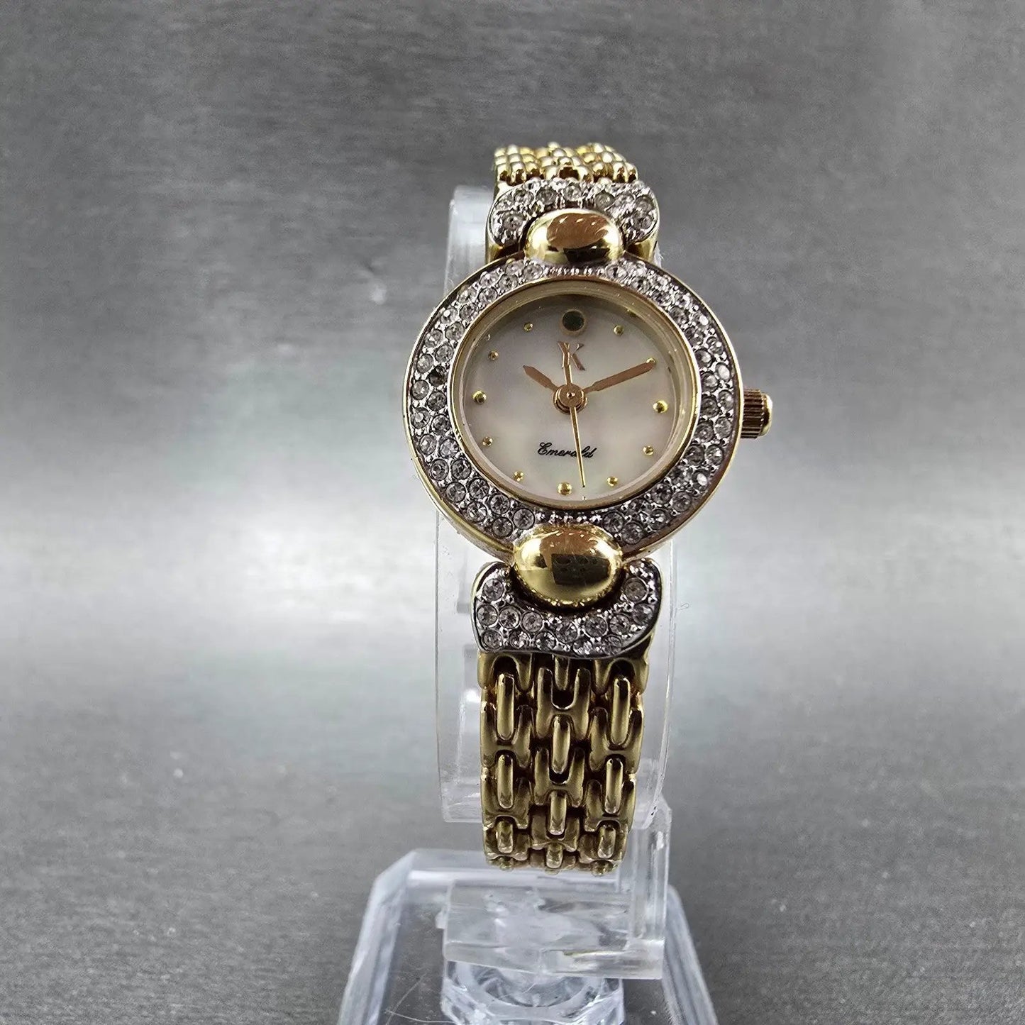 Yukiko Kimijima Emerald Watch Women 20mm MOP Dial Gold Crystal Bezel New Battery5