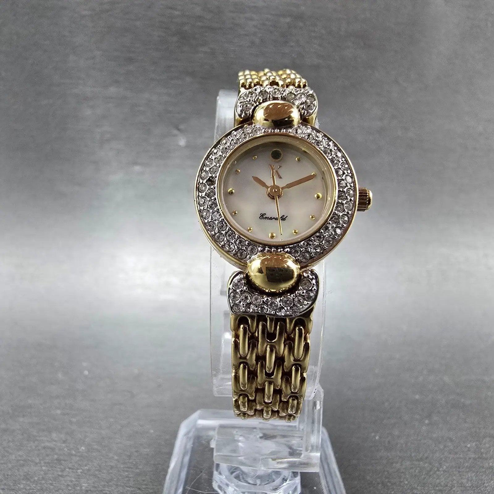 Yukiko Kimijima Emerald Watch Women 20mm MOP Dial Gold Crystal Bezel New Battery5