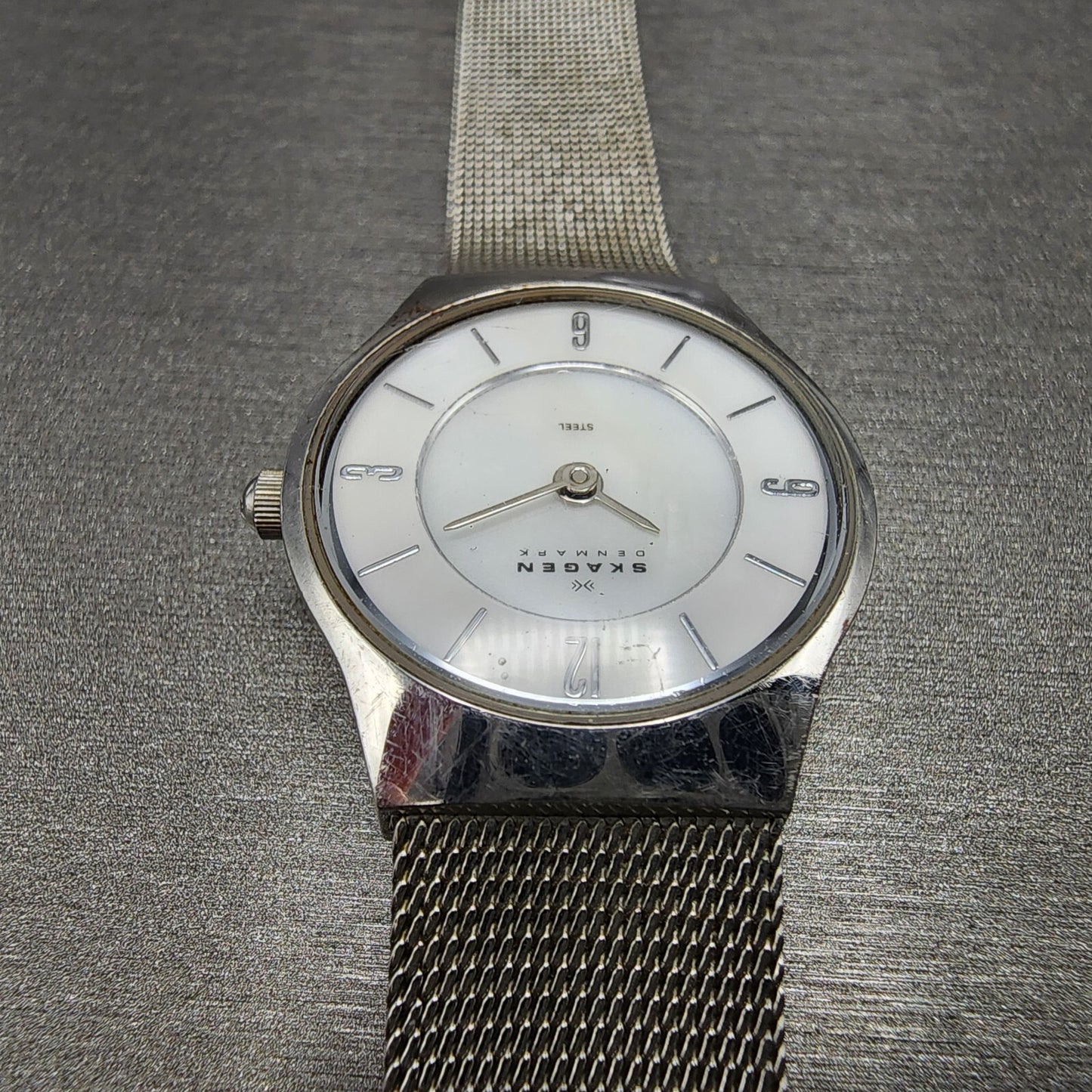 Skagen Steel Watch Women 24mm MOP Dial Stainless Steel Round Mesh band READ Runs4