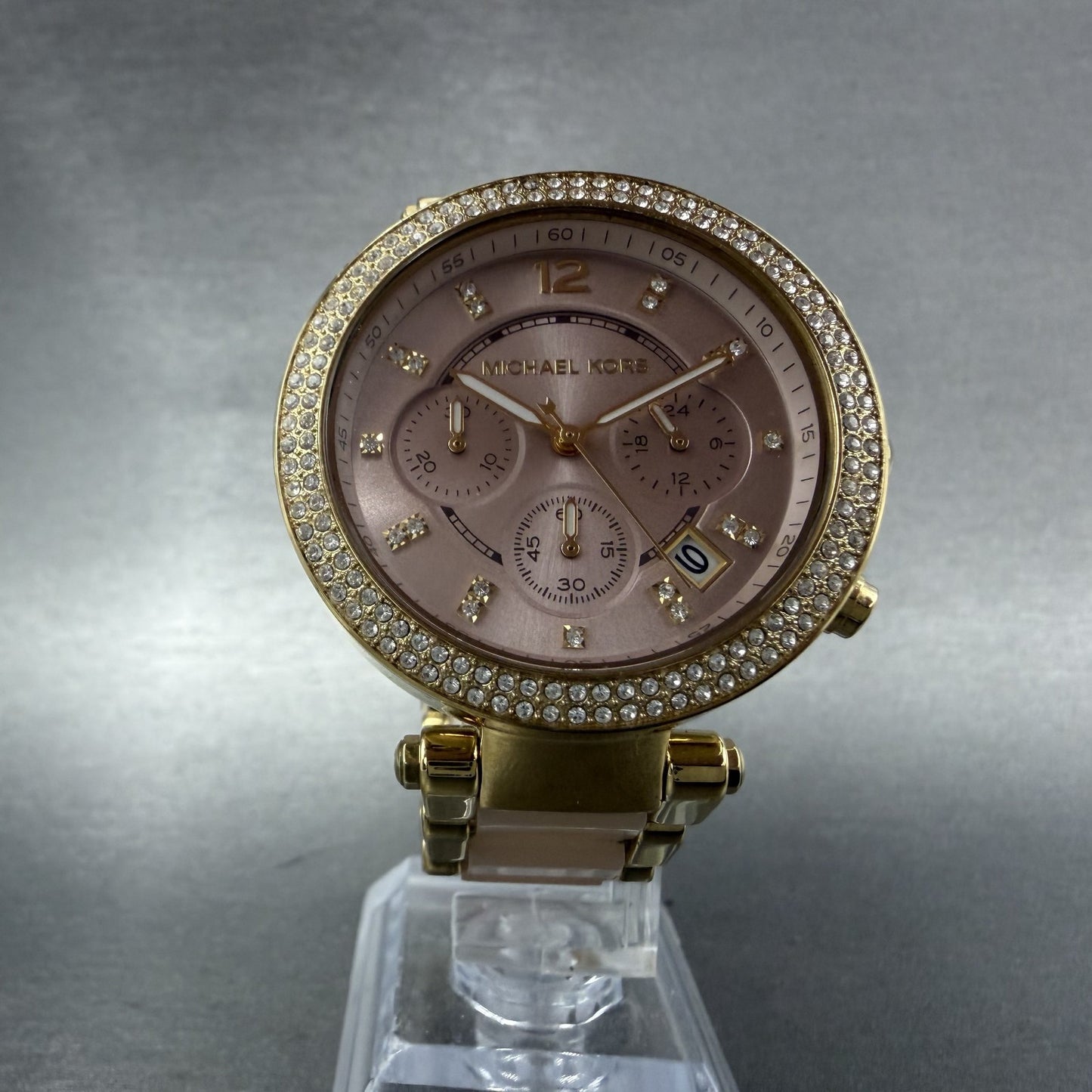 Michael Kors Parker Chronograph Watch Women 39mm Pink Dial Gold Tone Date NewBat5
