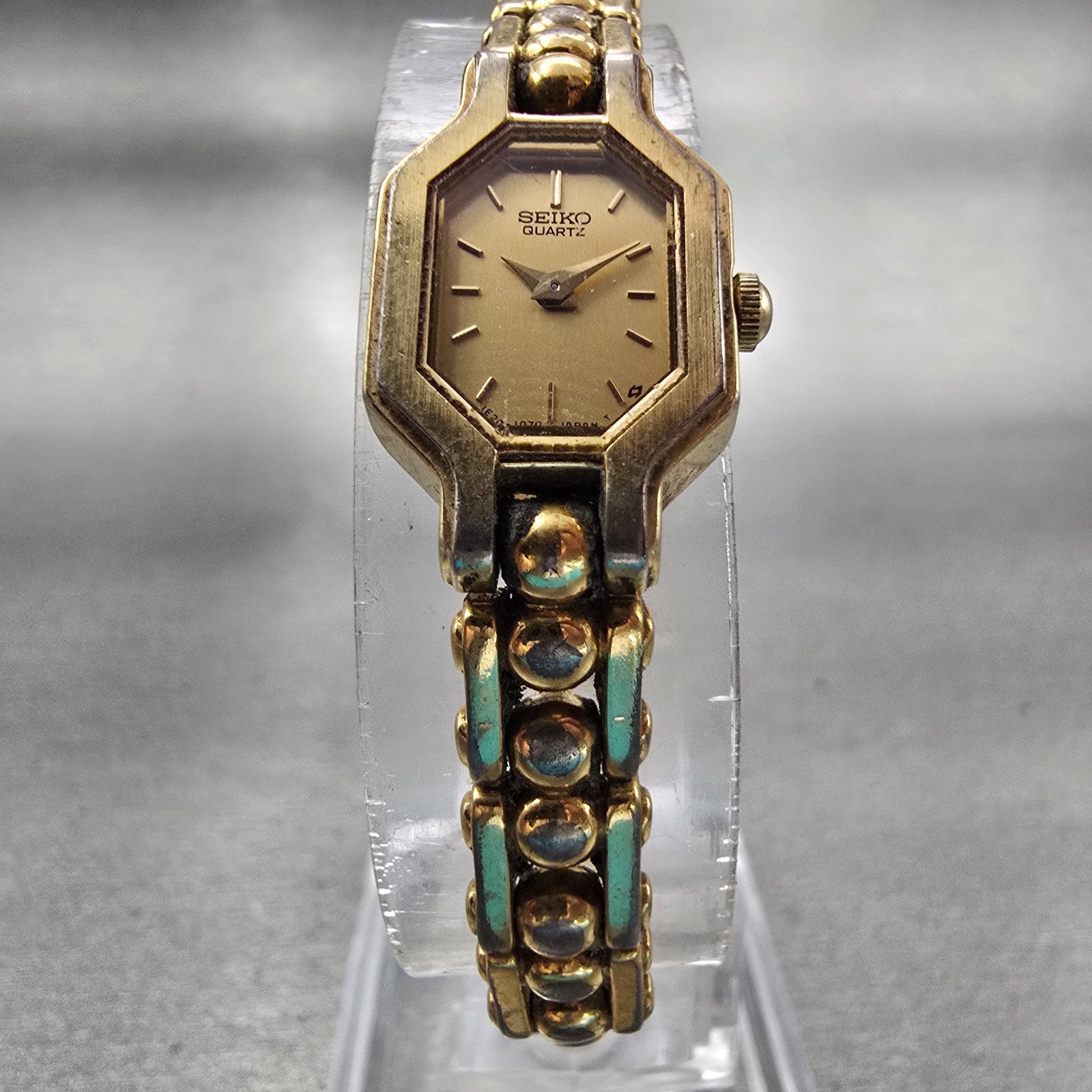 Seiko Watch Women 14mm Gold Dial Gold Tone Octagon 1E20-5629 Vintage New Battery5