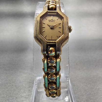 Seiko Watch Women 14mm Gold Dial Gold Tone Octagon 1E20-5629 Vintage New Battery5