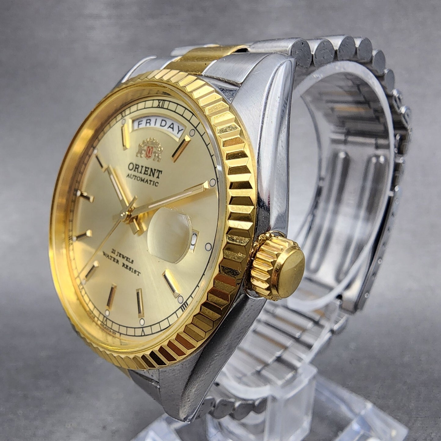 Orient President Watch Men 36mm Gold Dial Two Tone Daydate Automatic Works2