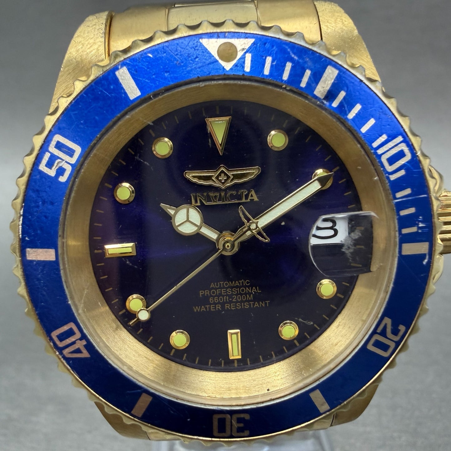 Invicta Pro Diver Watch Men 40mm Blue Dial Gold Tone Date Automatic 89300B Runs1