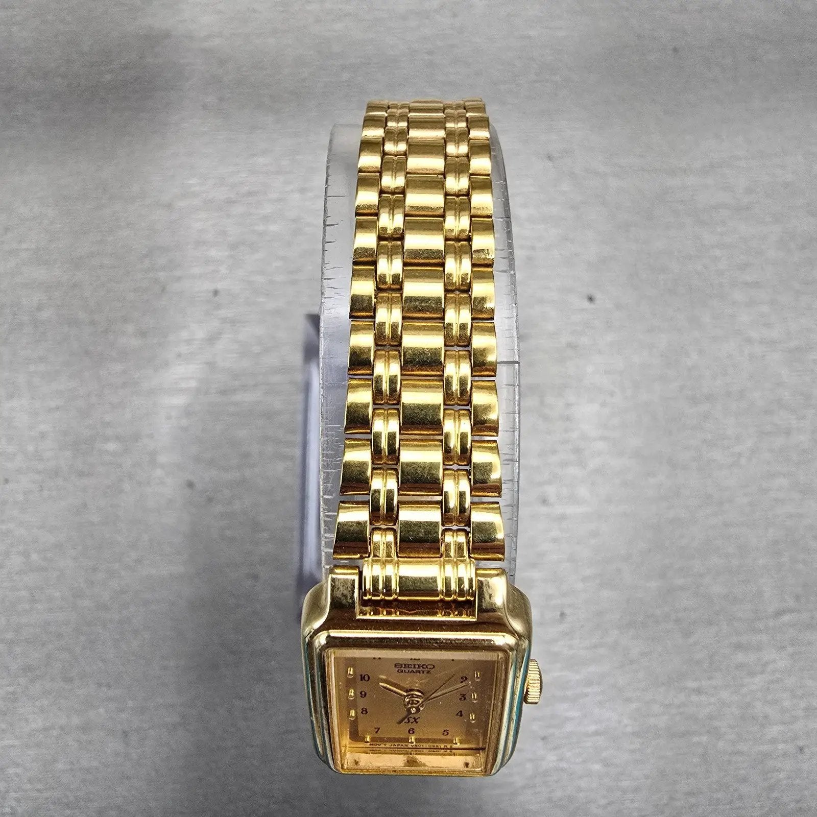 Seiko SX Watch Women 17mm Gold Dial Gold Tone Rectangle V401-5121 New Battery4