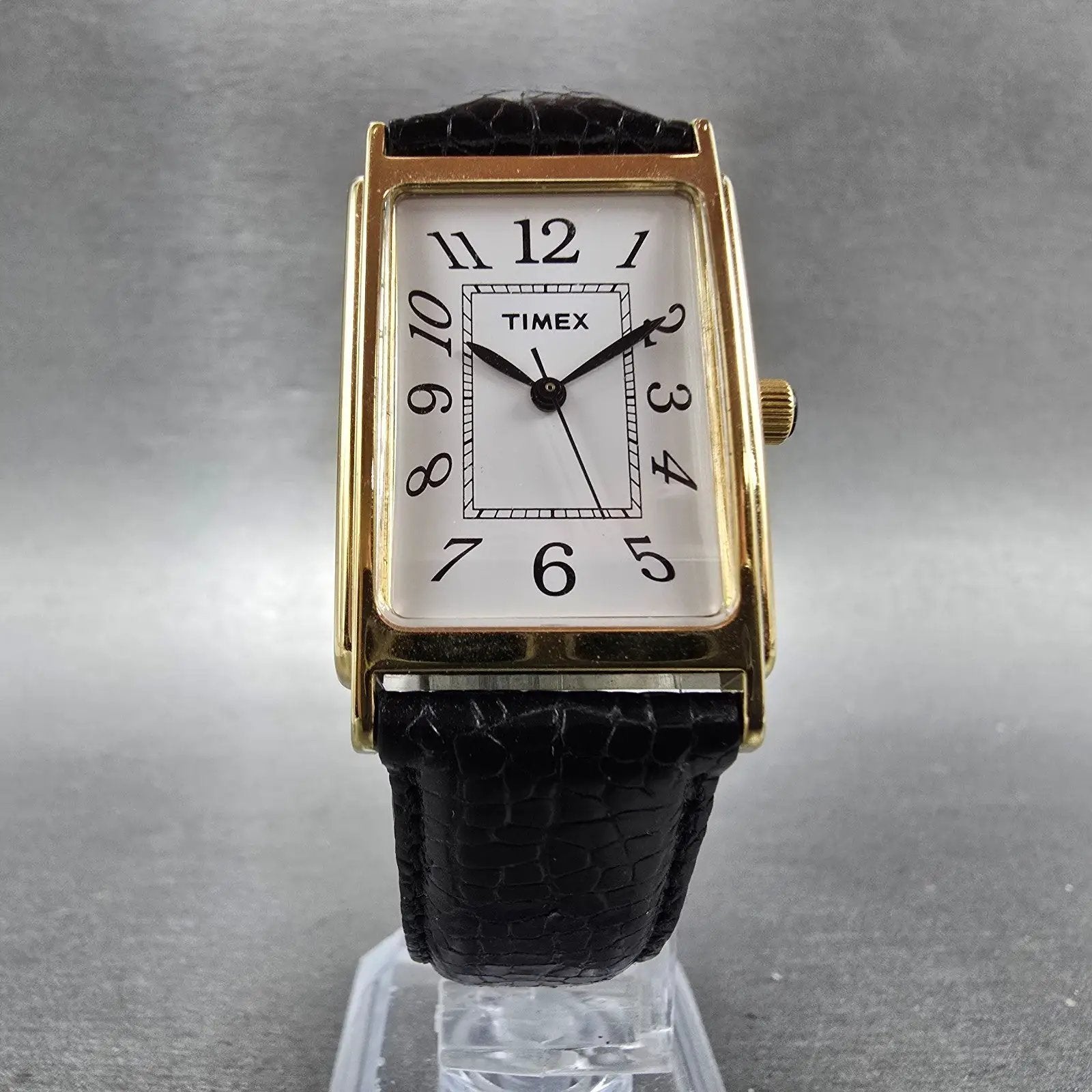 Timex Watch Men 23mm White Dial Gold Tone Rectangle New Battery VTG Leather Band5