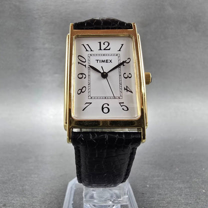 Timex Watch Men 23mm White Dial Gold Tone Rectangle New Battery VTG Leather Band5