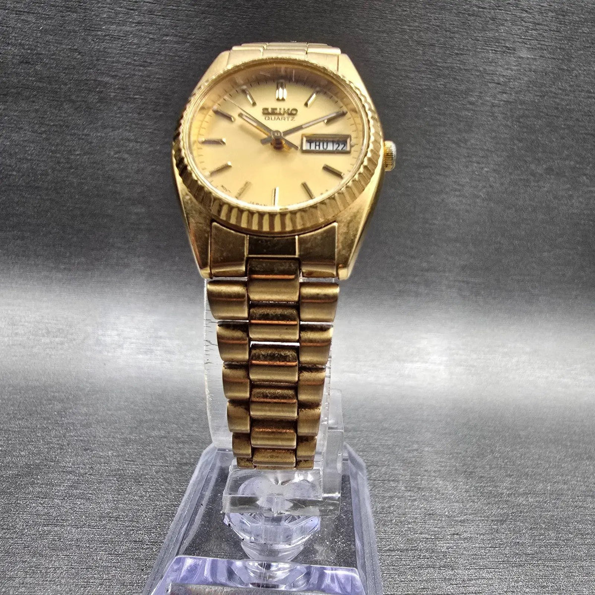 Seiko President Watch Women 24mm Gold Dial Gold Daydate 7N83-0041 New Battery5