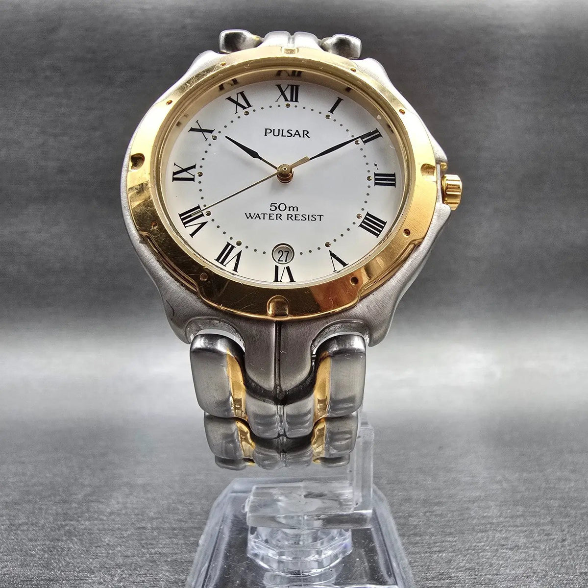Seiko Pulsar Watch Men 36mm White Dial Two Tone Date Round V732-0060 New Battery5