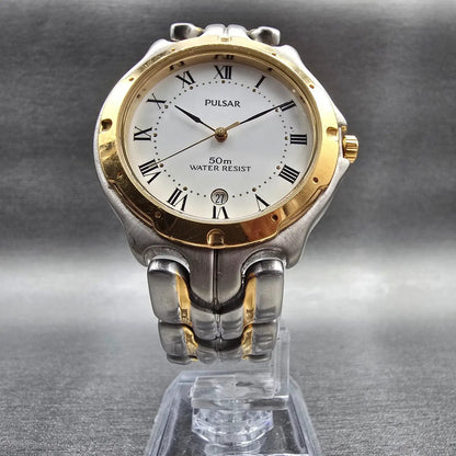 Seiko Pulsar Watch Men 36mm White Dial Two Tone Date Round V732-0060 New Battery5