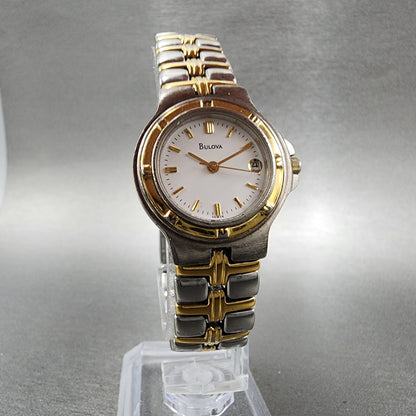 Bulova Watch Women Two Tone White Dial Date 25mm Round 98M36 New Battery A1235