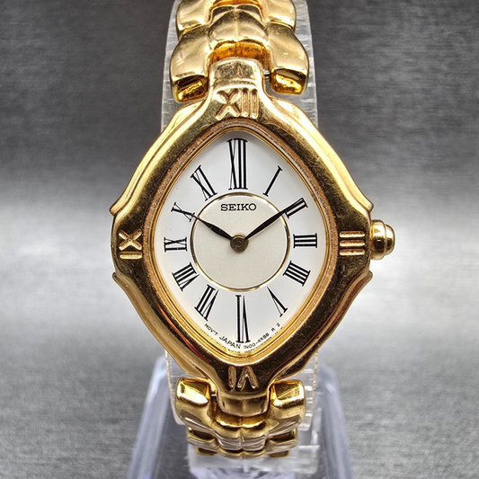 Seiko Watch Women 22mm White Dial Gold Tone Oval 1N01-6E90 New Battery Vintage0