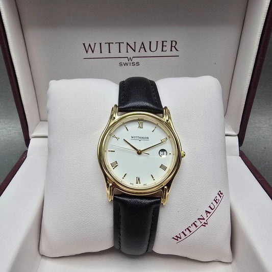 Wittnauer Watch Men 33mm White Dial Gold Tone Round Date Roman Numerals New Batt0