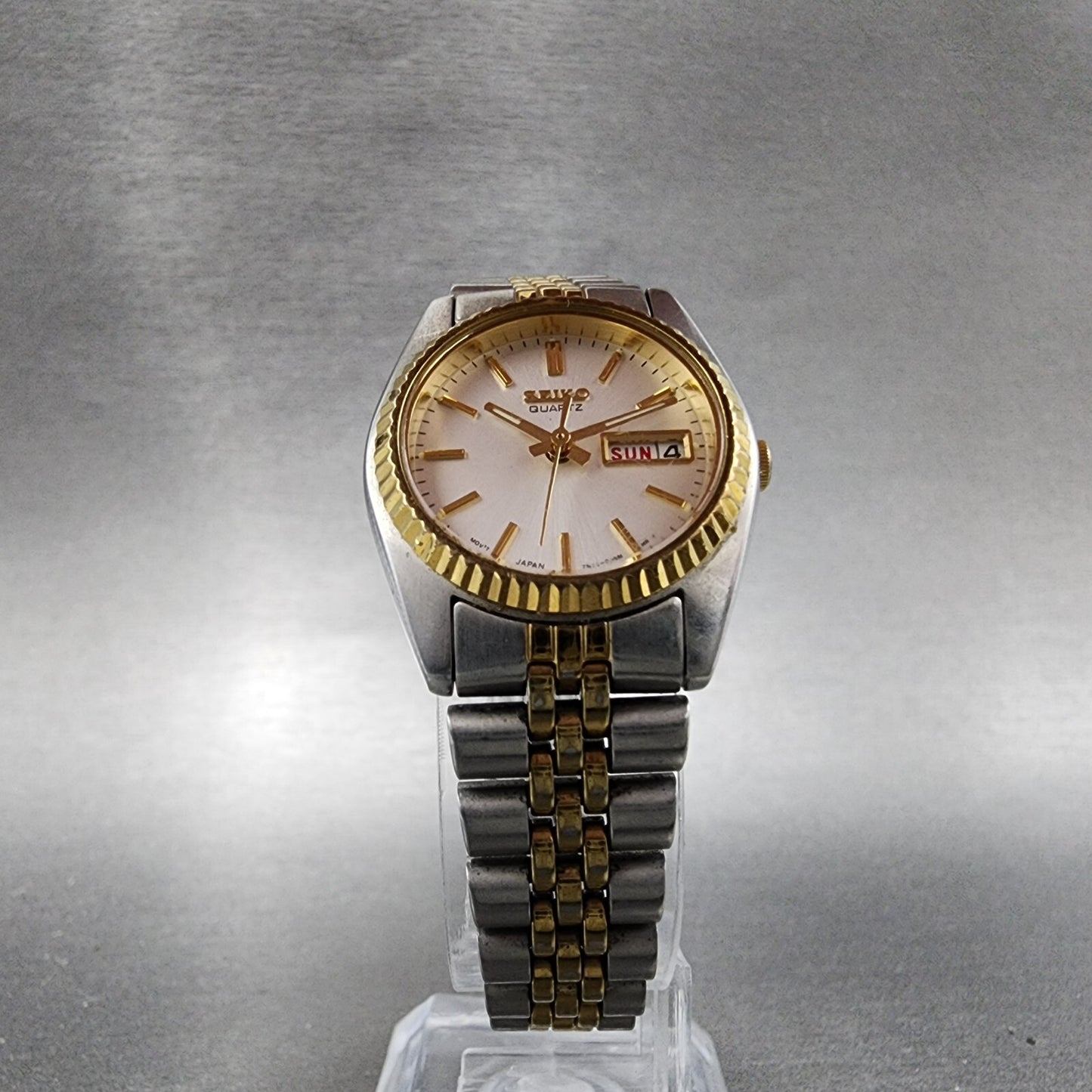 VTG Seiko Watch Women 24mm White Dial Two Tone Daydate Round 7N830041 New Batt5